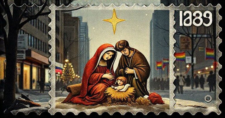 Zdjęcie przedstawia sentymentalną scenę Narodzenia z Maryją, Józefem i Dzieciątkiem Jezus na kanadyjskim znaczku pocztowym. Tło ujawnia współczesną apostazję Kanady poprzez symbolikę LGBT i aborcji.