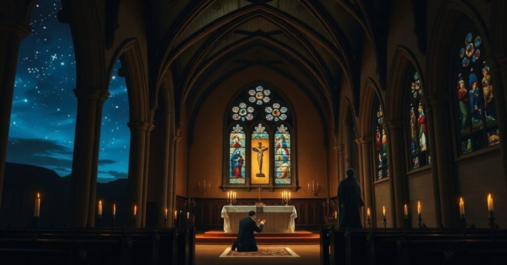 Ciemna scena w tradycyjnym kościele katoliczym z ukrytym wizerunkiem Johna Henry'ego Newmana modlącego się przed pustym ołtarzem, oświetlonym światłem świecy.