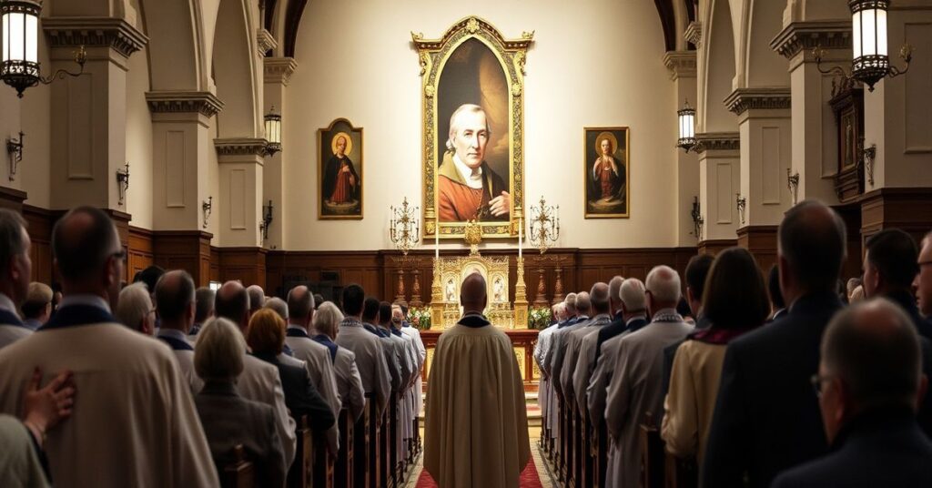 Sobór katolicki z niezmienną doktryną, kontrastujący z nowoczesnymi modernistycznymi elementami podczas fałszywej kanonizacji Johna Henry'ego Newmana.