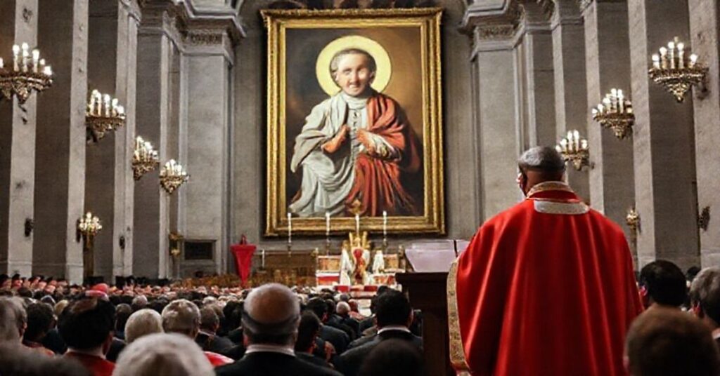 Świątynia katolicka z uroczystością kanonizacji nowych 'świętych' w tradycyjnym stylu.