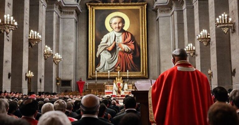 Świątynia katolicka z uroczystością kanonizacji nowych 'świętych' w tradycyjnym stylu.