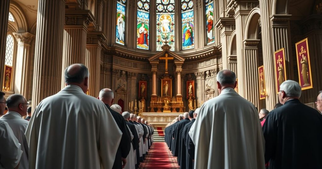 Fotografia realistyczna przedstawiająca katolickich duchownych podczas uroczystej liturgii kanonizacyjnej w tradycyjnej świątyni, podkreślająca powagę i duchowość wydarzenia