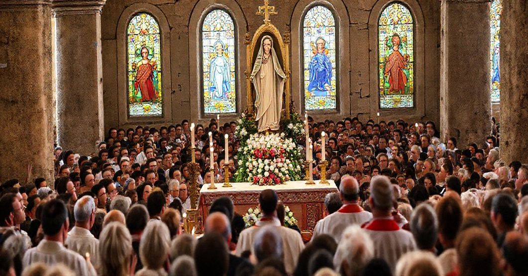 Uroczystość kanonizacyjna w Pompejach pod przewodnictwem kardynała Semeraro, w tradycyjnym stylu katolickim.