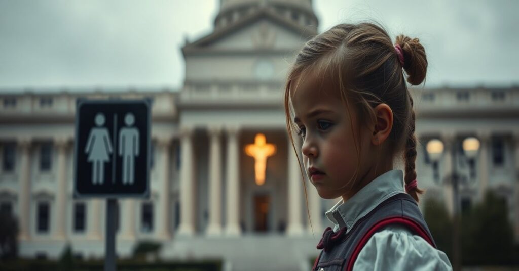 Młoda dziewczyna w zmartwieniu obok znaków toalet wieloosobowych, symbolizujących konflikt między prawem naturalnym a współczesną polityką sekularną w tradycyjnym katolickim kontekście.