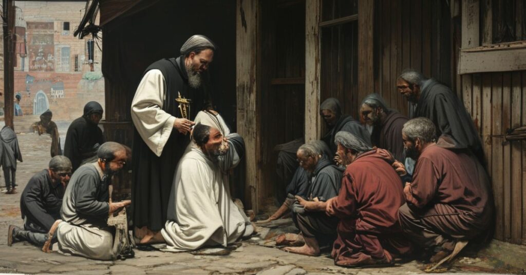 Kapłan w tradycyjnych szatach udziela pomocy duchowej bezdomnym w miejskim przedsionku
