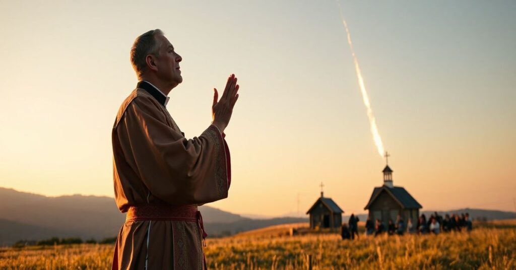 Kapłan tradycyjny w szatach liturgicznych modli się nad Bieszczadami podczas przelotu chińskiej rakiety kosmicznej