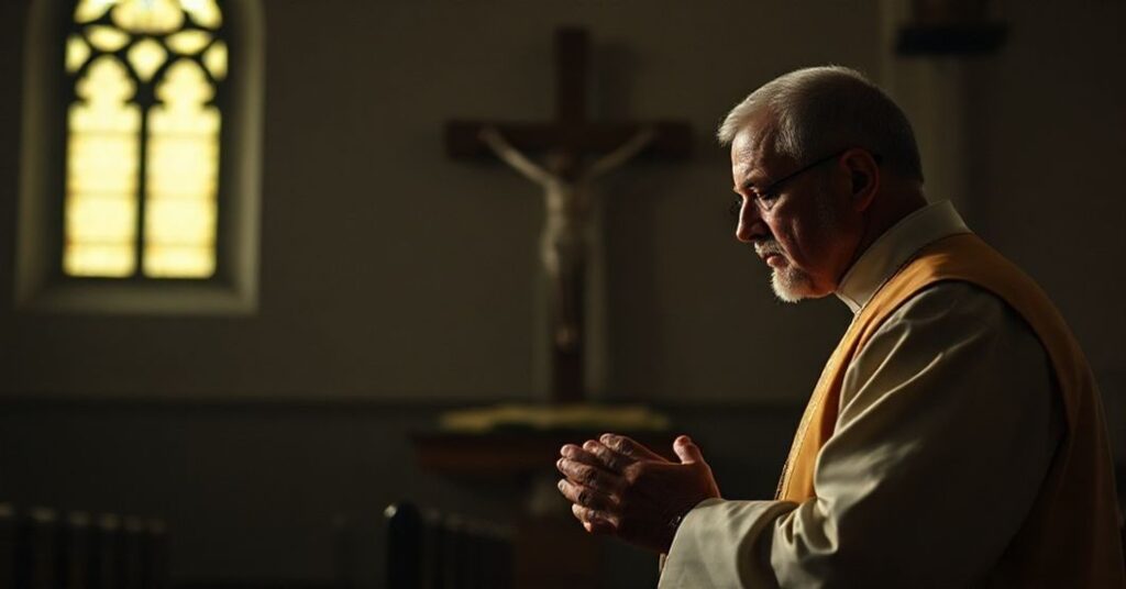 Katedralny kapelan w modlitwie przed krzyżem w ciemnym kościele jako symbol tragizm aborcji