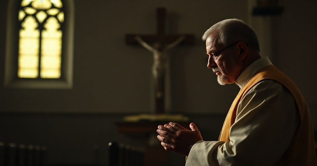 Katedralny kapelan w modlitwie przed krzyżem w ciemnym kościele jako symbol tragizm aborcji