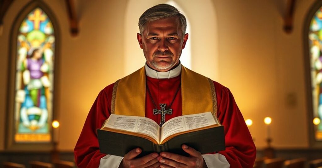 Kapelan w tradycyjnych szatach liturgicznych trzymający Biblię z Księgą Rodzaju w ozdobionym kaplicy z witrażami przedstawiającymi stworzenie świata.