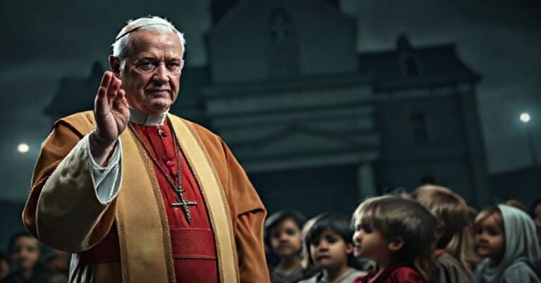 Kapelan katolicki w tradycyjnych szatach kościelnych stoi przed grupą zmartwionych dzieci, wyrażając głęboką troskę i współczucie. Na tle widnieje ciemny i ponury budynek symbolizujący korupcyjne instytucje promujące nieetyczne eksperymenty na dzieciach. Scena jest oświetlona delikatnym, poważnym światłem podkreślającym świętość życia ludzkiego i moralny obowiązek jego ochrony. Ręka kapelana delikatnie unosi się w błogosławieństwie, podczas gdy dzieci patrząc na niego wyrażają nadzieję i bezsilność.