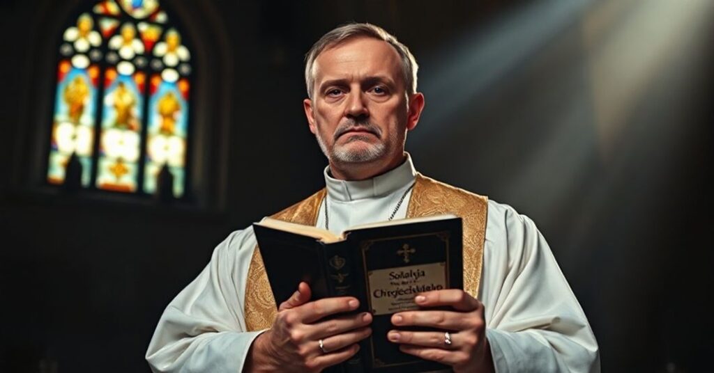 Kapelan w tradycyjnych szatach liturgicznych stojący w kościele z książką "Sodalicja Życia Chrześcijańskiego", symbolizujący walkę o czystość nauczania wobec postkoncyliarnego chaosu.