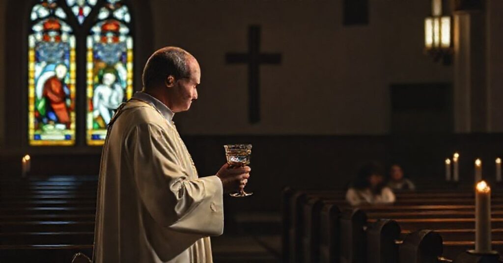 Kapelan w tradycyjnych szatach liturgicznych przygotowuje chrzest dziecka poczętego z użyciem IVF w świątyni przy świłkach i witrażach z klasycznymi motywami katolickimi.