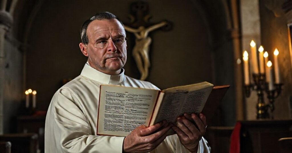 Kapelan w tradycyjnym stroju liturgicznym czyta O Antyfony Adwentowe w ciemnej kaplicy.