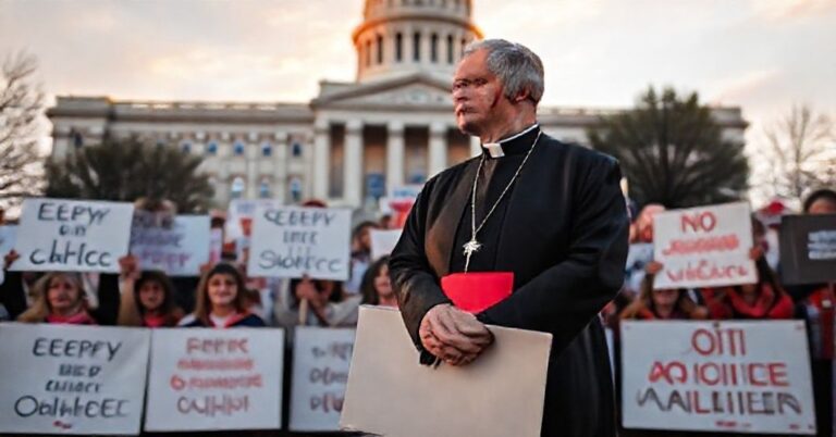 Kapelan katolicki w tradycyjnych ornatach i aktywistki pro-life przed budynkiem Kapitolu w Północnej Dakocie