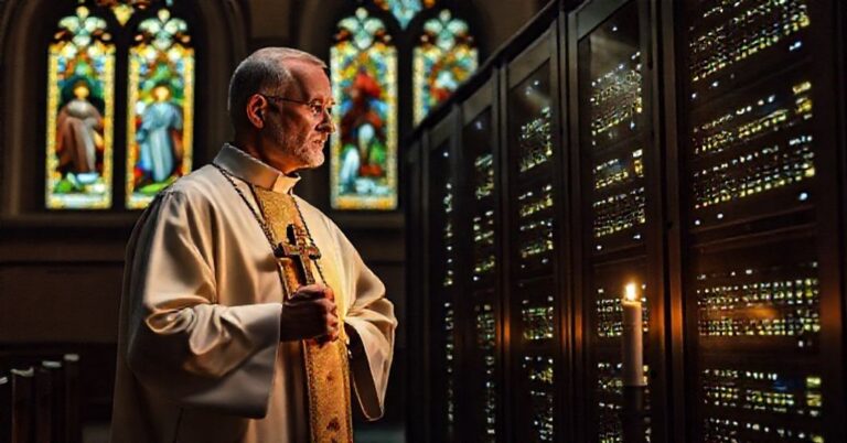 Kapelan w tradycyjnych szatach liturgicznych patrzy z troską na serwery cyfrowe, symbolizując konflikt między wiarą a technokracją
