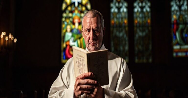 Kapelan katolicki trzymający encyklikę Casti Connubii, symbolizujący walkę z bioetyką Caplana