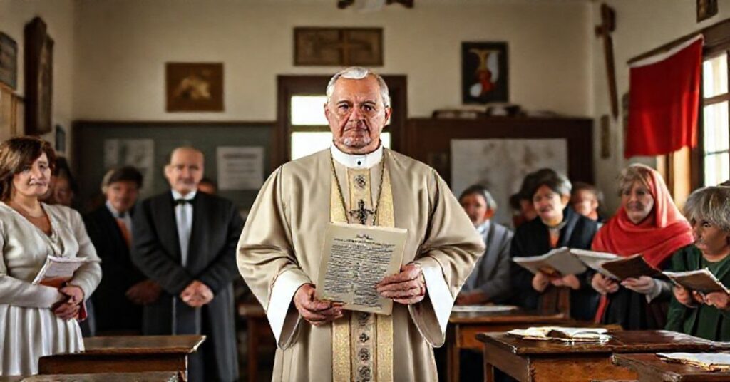 Kapelan katolicki w tradycyjnej szacie liturgicznej stoi przed grupą zaniepokojonych rodziców i nauczycieli w klasie szkolnej. Tematem jest zagrożenie dla katolickiej edukacji z powodu planowanych reform oświatowych.