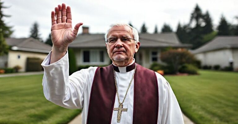 Kapelan katolicki w tradycyjnych szatach liturgicznych stojący przed domem w Port Coquitlam, symbolizujący obronę prywatnej własności i prawa naturalnego.