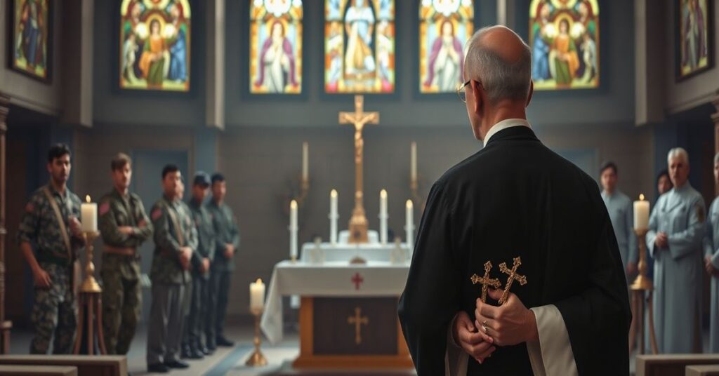 Kapelan katolicki w tradycyjnym ornacie stoi przed szpitalem wojskowym z krzyżem w ręku, konfrontując żołnierzy i personel medyczny VA dotyczący aborcji