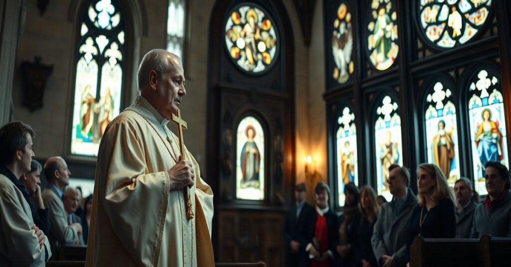 Kapelan katolicki w tradycyjnych szatach liturgicznych stoi przed grupą wiernych omawiających problem eutanazji w Wielkiej Brytanii