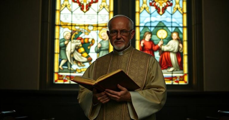 Kapelan katolicki w tradycyjnych szatach kapłańskich stoi przed witrażem przedstawiającym sceny wojny i pokoju, symbolizującą konflikt między prawem boskim a modernistyczną polityką UE.