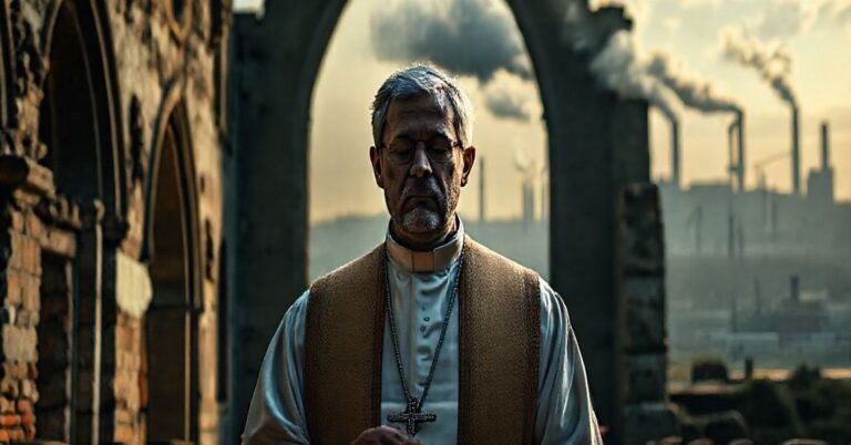 Kapelan katolicki w tradycyjnych szatach modląc się przed ołtarzem, z widokiem na ruiny kościoła i nowoczesny krajobrazy przemysłowy na tle.