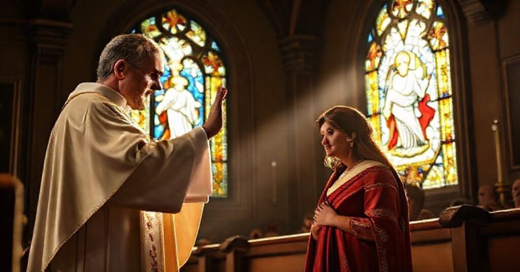 Kapelan katolicki w pełnym ornacie liturgicznym wykonujący egzorcyzm nad kobietą symbolizującą duszę niewinnego dziecka porzuconego przez aborcję w tradycyjnym kościele katolickim