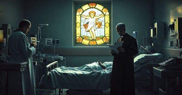 Kapelan katolicki modli się przy łóżku pacjenta w szpitalu podczas procedury transplantacyjnej