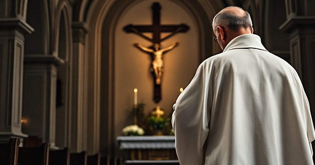 Kapelan w tradycyjnym habitacie modli się przed krzyżem w barokowej kaplicy z estońskim flaga ułożonym z szacunkiem obok.