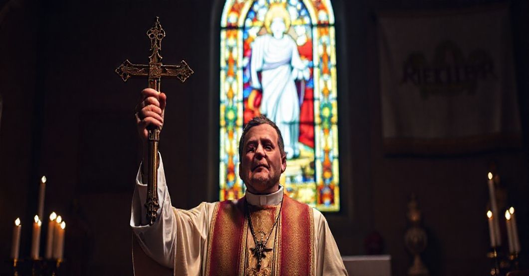 Kapelan katolicki w tradycyjnych szatach modląc się przed witrażem przedstawiającym Chrystusa Króla, symbolizującym walkę duchową o prawdziwy pokój.