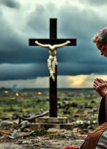 Modląc się w czasie wojny – katolicka perspektywa na konflikt Kneeling Catholic priest in traditional vestments praying before a crucifix with a war-torn landscape in the background