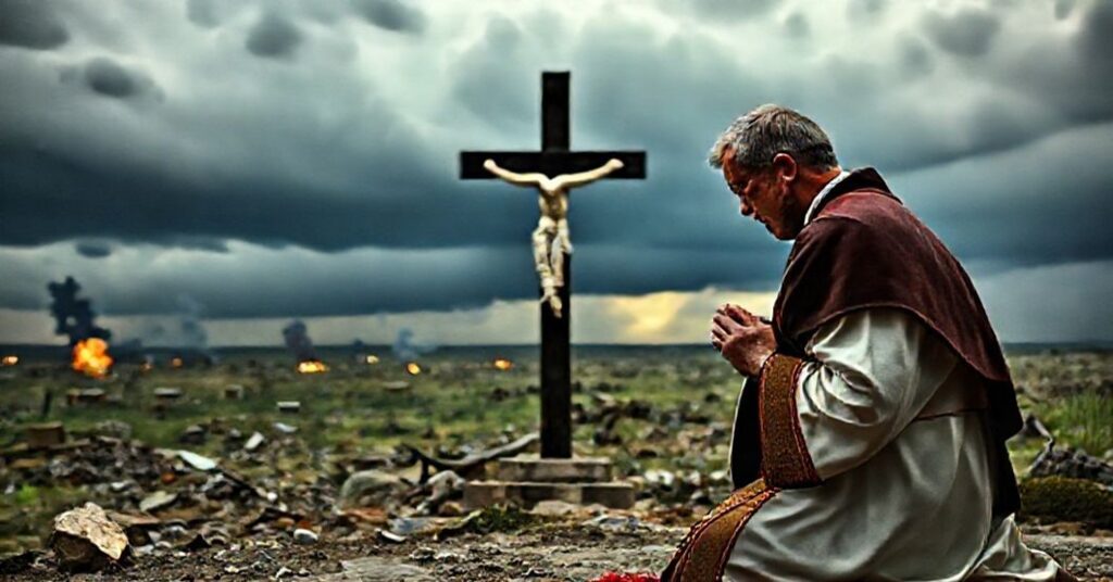 Kneeling Catholic priest in traditional vestments praying before a crucifix with a war-torn landscape in the background