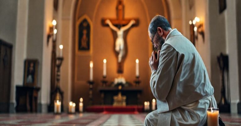 Kapelan modlący się przed krzyżem w tradycyjnej sukni liturgicznej w cichym, oświetlonym przez świece kaplicy