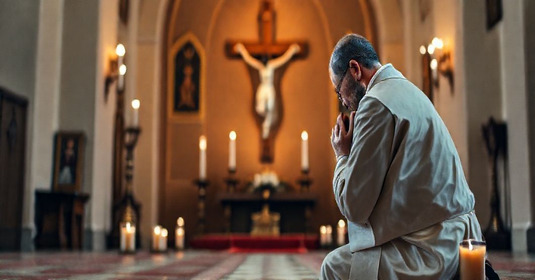 Kapelan modlący się przed krzyżem w tradycyjnej sukni liturgicznej w cichym, oświetlonym przez świece kaplicy