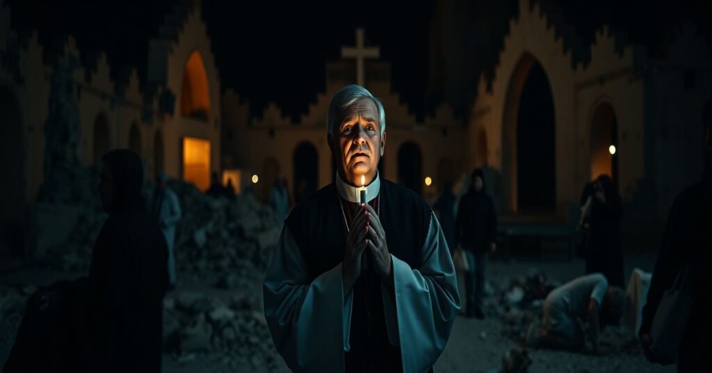 Kapelan katolicki modlący się przed ruinami kościoła w Strefie Gazy, otoczony ludnościå.