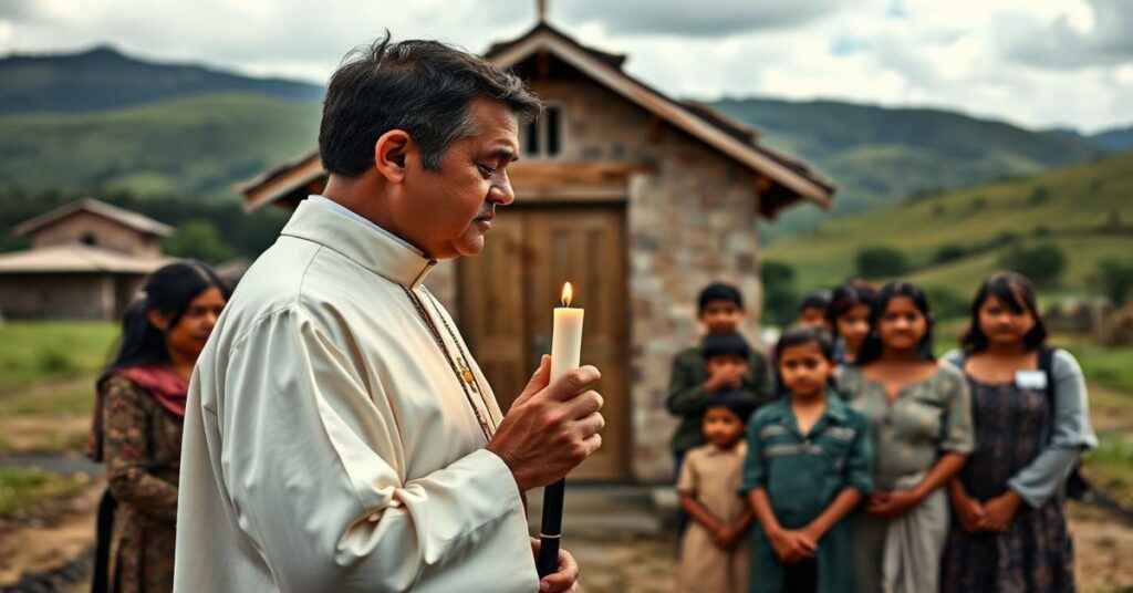 Kapelan w tradycyjnym habitu modli się za pokoju i bezpieczeństwo dzieci w cichej wsi