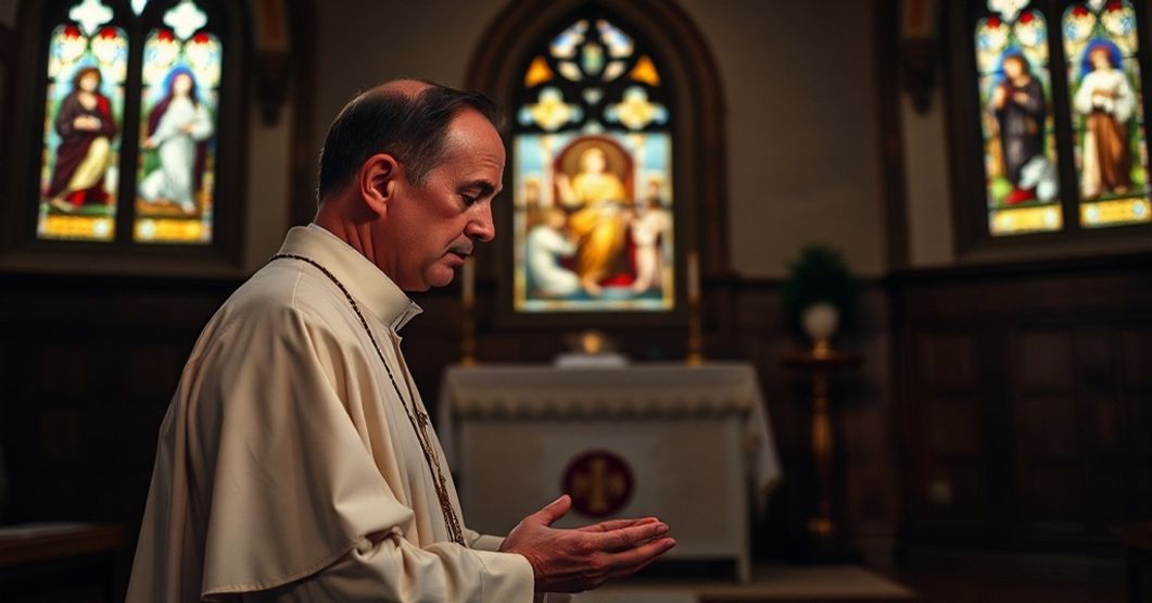 Kapelan modlący się przed tabernakulum ze smutkiem w sercu z powodu szkockiej eutanazji