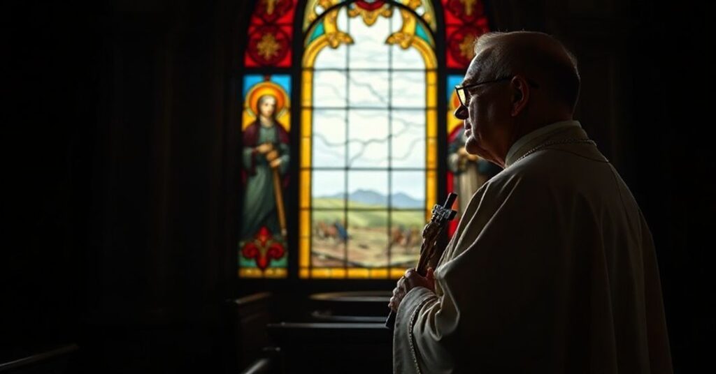 Kapelan w tradycyjnych szatach liturgicznych modli się w kaplicy o pokój dla chrześcijan cierpiących na wojnie.
