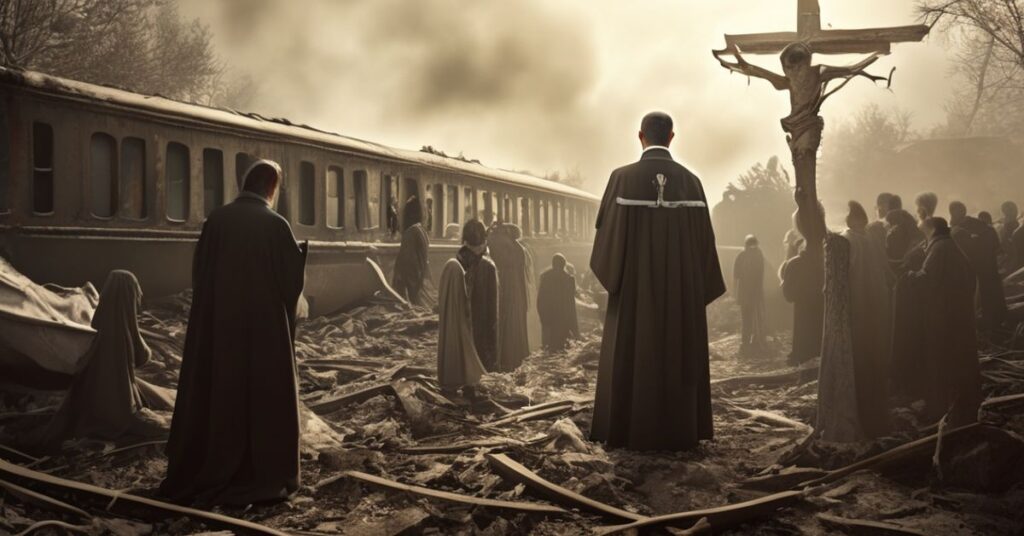 Kapelan modli się przed rozbitym pociągiem w Adamuz, otoczony smętnymi rodzinami, symbolizując duchową pustkę w obliczu tragedii