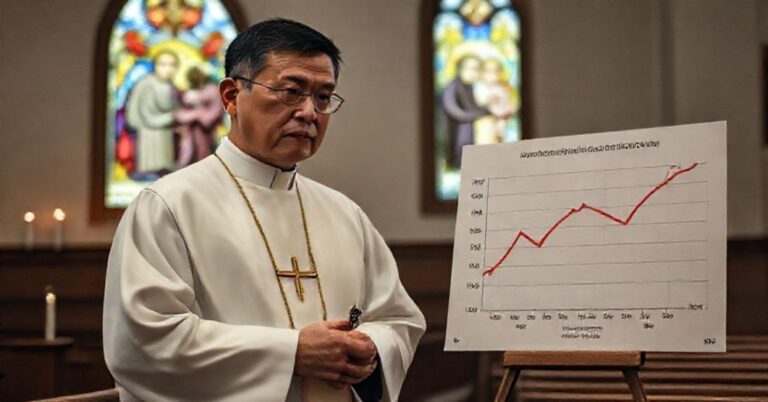 Kapelan katolicki w tradycyjnych szatach liturgicznych stojący przed wykresem demograficznym Tajwanu, symbolizującym upadek populacji. Na tle witraż z obrazem Świętej Rodziny.