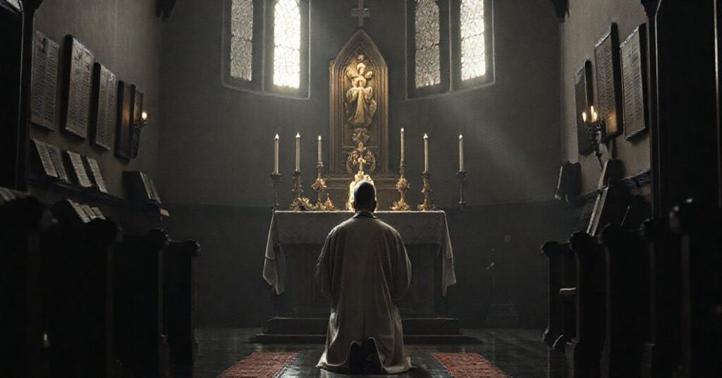 Kapelan w tradycyjnym stroju modli się przed Najświętszym Sakramentem w ciemnym, poważnym wnętrzu, symbolizując wiarę i pobożność przeciwko nowoczesnym odchyleniom.