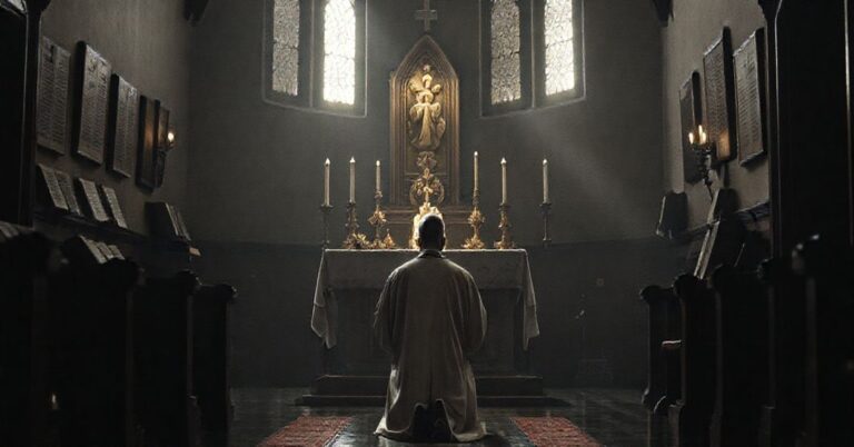 Kapelan w tradycyjnym stroju modli się przed Najświętszym Sakramentem w ciemnym, poważnym wnętrzu, symbolizując wiarę i pobożność przeciwko nowoczesnym odchyleniom.