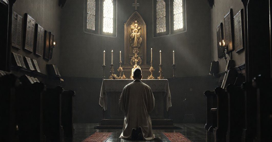 Kapelan w tradycyjnym stroju modli się przed Najświętszym Sakramentem w ciemnym, poważnym wnętrzu, symbolizując wiarę i pobożność przeciwko nowoczesnym odchyleniom.