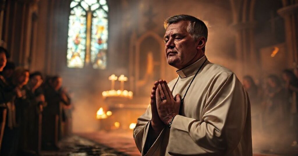 Kapelan modli się przed płonącym kościołem w Europie, symbolizując nienawiść antychrześciąską i zniszczenie chrześcijańskiej dziedziny