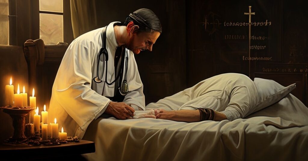 Kapelan katolicki modli się u łóżka chorego pacjenta w szpitalu w tradycyjnym stroju medycznym