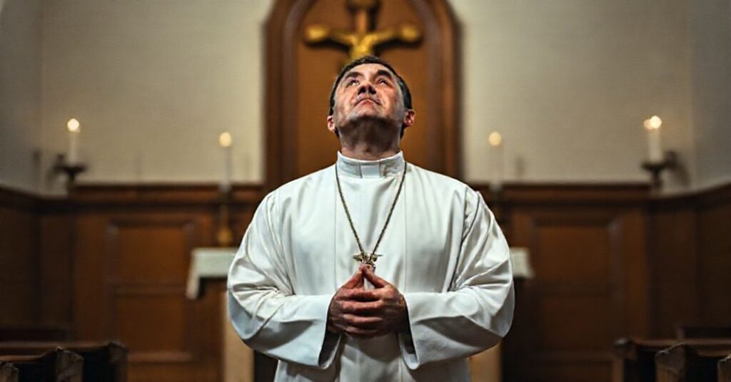 Kapelan katolicki modli się przed ołtarzem w cichej kaplicy przy delikatnym świetle świecy.