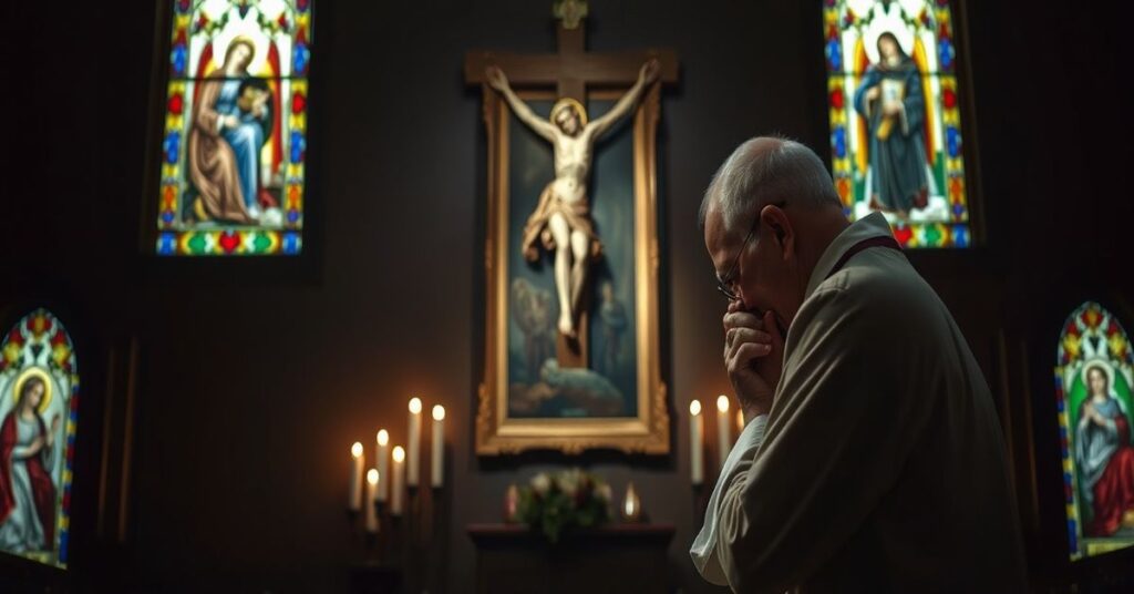 Kapelan modli się z bólem w ciemnym kościele