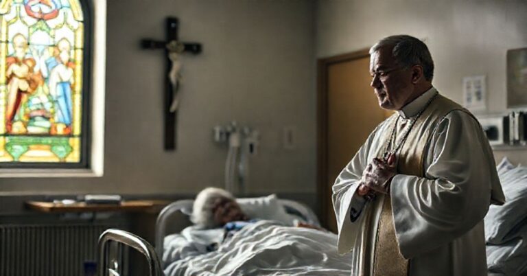 Kapelan katolicki modli się w szpitalnym kaplicy przed krucyfiksem przy łóżku chorego pacjenta w Quebecu.