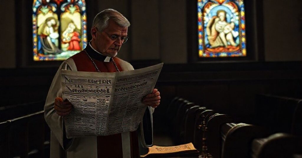 Kapelan katolicki w tradycyjnych szatach liturgicznych modli się w ciemnym kościele przed wiadomością o aborcjach do porodu w Kanadzie.