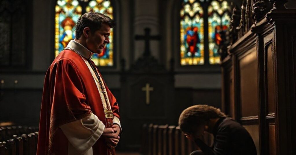 Kapelan w tradycyjnych habitach stoi przed konfesjonałem z troską na twarzy, patrząc na osobę walczącą z myślami samobójczymi.